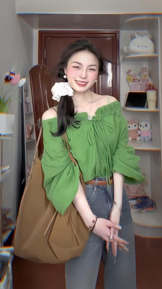 绿野仙踪~显白植物绿设计感V领木耳边苎麻衬衫 商品图7