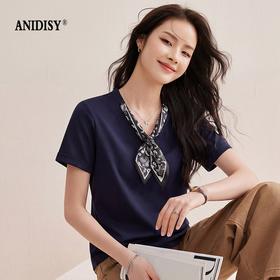 时尚丝巾V领短袖修身收腰T恤