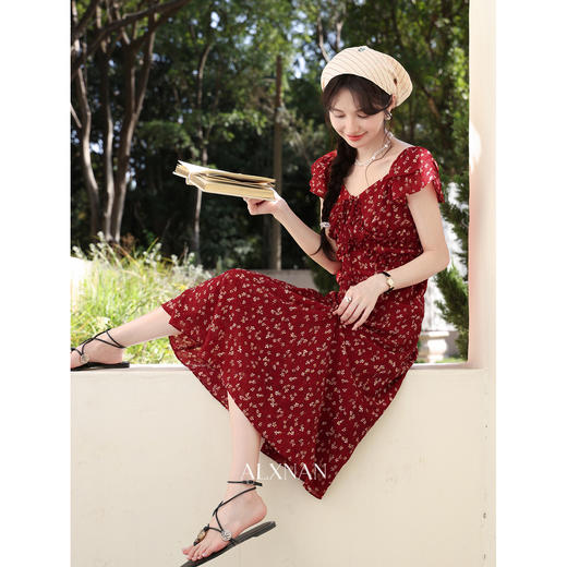 鹿向南【0331/20:00新品前1小时7折限100件】红色法式碎花连衣裙 商品图4