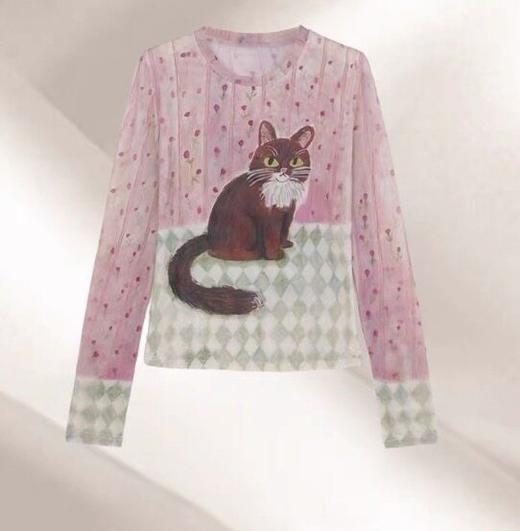 自带油画感的长袖 T 恤！童趣小马/猫咪印花 商品图0