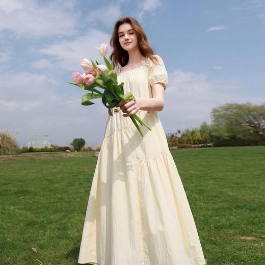 三彩2026夏季新款方领连衣裙短袖A字裙宽松大摆长裙度假M 商品图1