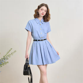 复古英伦风条纹文艺感翻领衬衫裙女春季学院风短裙连衣裙LXD50958