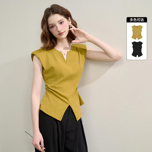 【限时秒杀】优雅气质通勤风小V领开叉T恤女夏季抽褶收腰背心上衣LXD50652 商品图0
