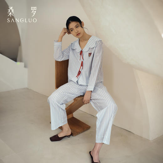 桑罗萌趣旺旺条纹印花桑蚕丝睡衣套装女娃娃领长袖家居服腊肠小狗可外穿 商品图2