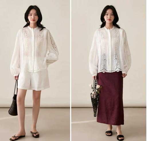 等风吹过重工镂空花边亚麻棉唯美衬衫 商品图8
