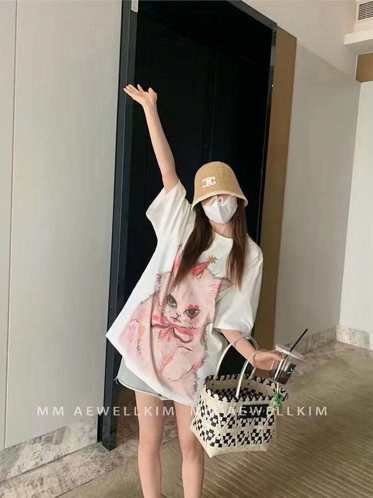 特价出！少量！售完无补！甜酷少女感！ADER猫咪印花宽松短袖T恤！