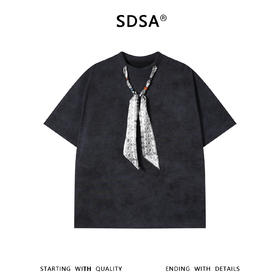 SDSA男装2026新款轻奢小众设计扎染领系带装饰圆领短袖T恤百搭