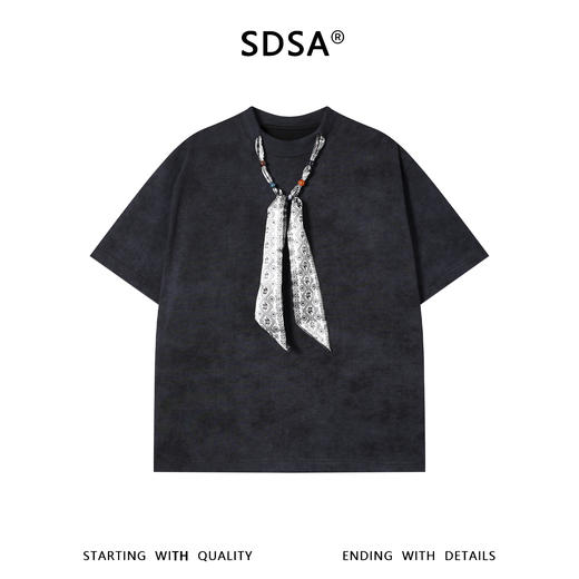 SDSA男装2026新款轻奢小众设计扎染领系带装饰圆领短袖T恤百搭 商品图0