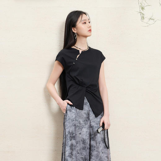 三彩【墨染清欢】2026夏季新款新中式T恤短袖开叉设计感套头上衣C 商品图2