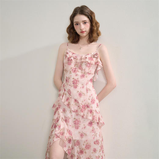 西遇浪漫玫瑰法式拼接荷叶边碎花吊带裙女夏季不规则连衣裙LXD50959 商品图3
