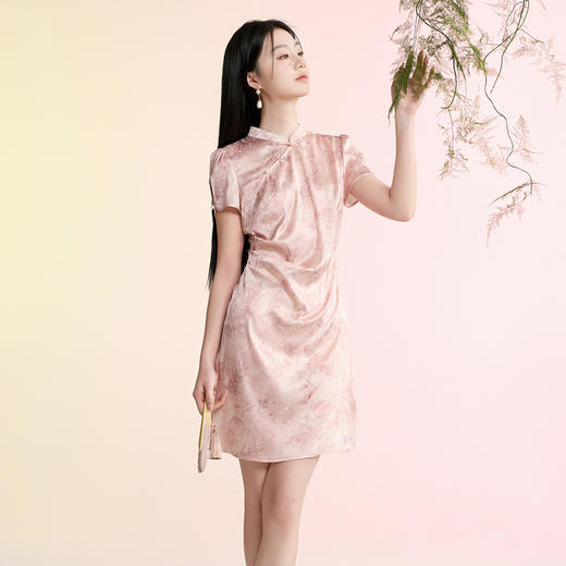 【牡丹倾城】三彩2026夏季新款立领收腰小A字短裙新中式连衣裙C 商品图2