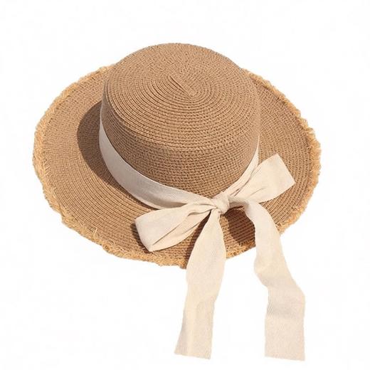 蝴蝶结毛边平顶草帽百搭海边防晒夏季新款女度假太阳编织遮阳帽子 商品图4