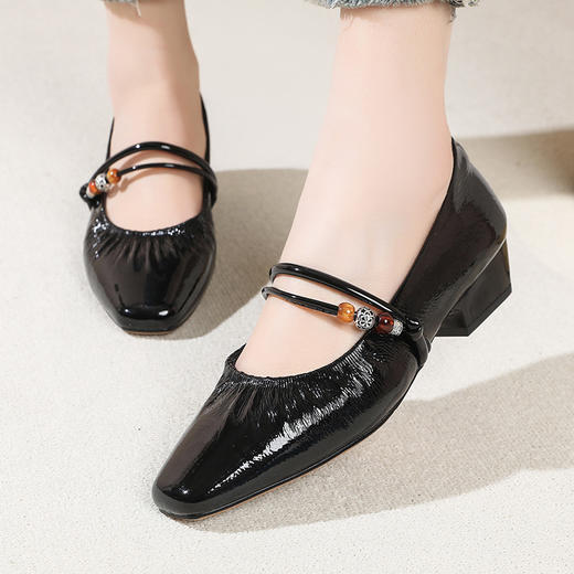 雀说 头层牛皮一字扣中跟串珠浅口单鞋复古仙女鞋2103 商品图1