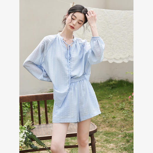 【清爽天丝】慵懒随性套装女夏季泡泡袖衬衫搭短裤两件套LXD50924 商品图3