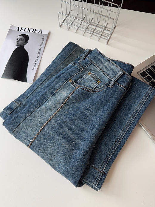 欧货立体拼接麦穗烫钻满天星阔腿牛仔裤 商品图14