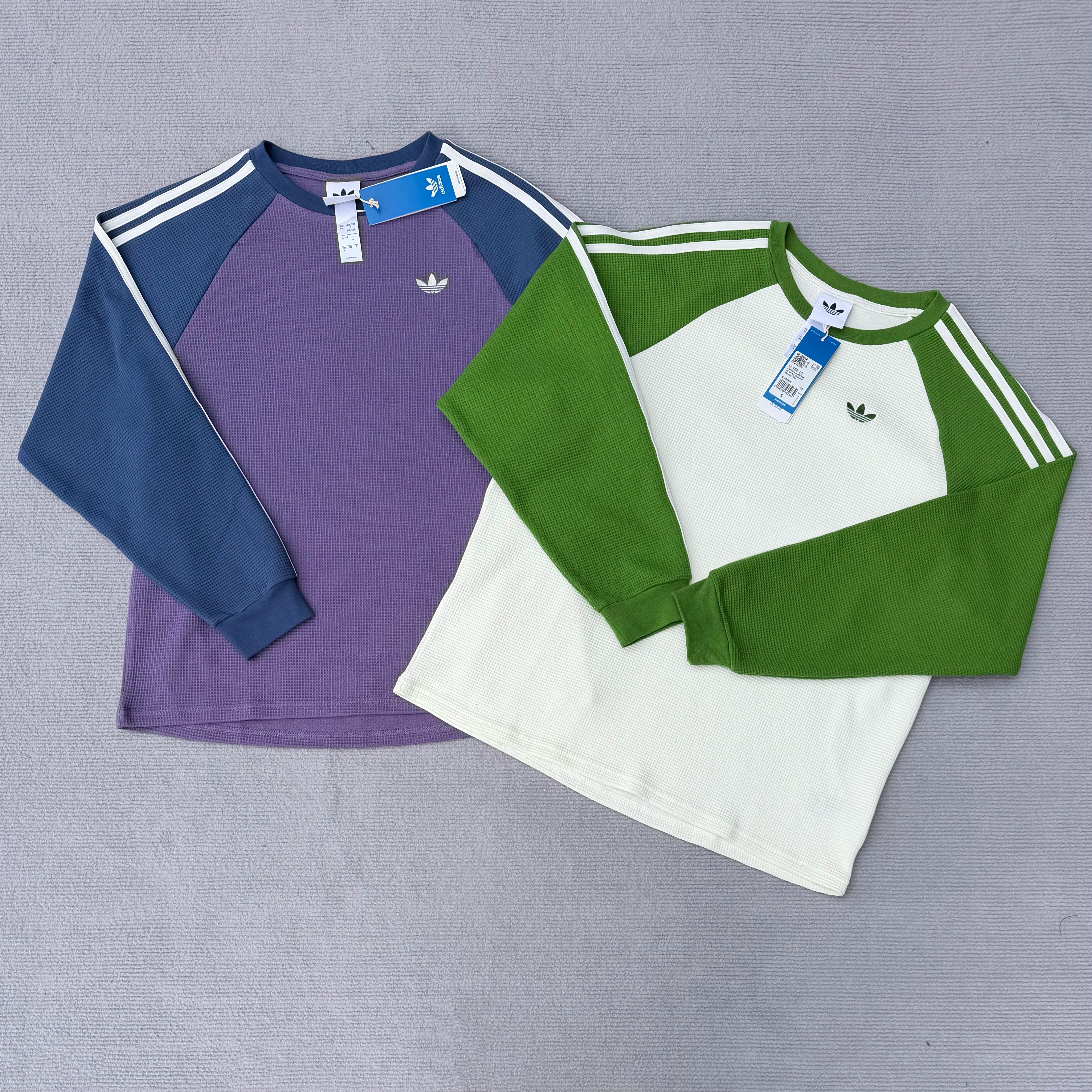 毒家，最后190件！男女款阿迪达斯三叶草 华夫格插肩长袖T恤  华夫格针织面料  草长袖