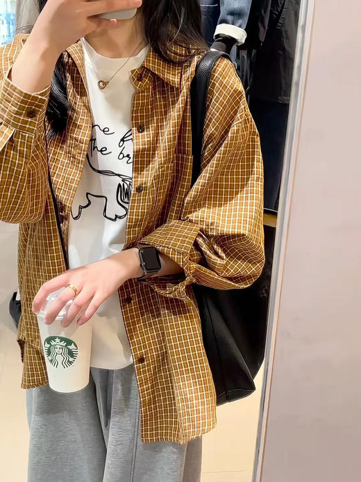 直发【JS3693463】显白姜黄格纹~ ◆慵懒风 100%棉 宽松版翻领落肩袖衬衫 商品图2