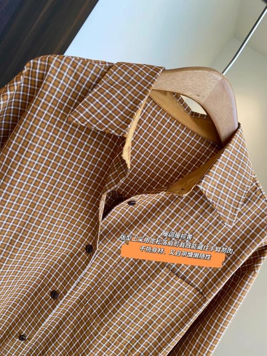 直发【JS3693463】显白姜黄格纹~ ◆慵懒风 100%棉 宽松版翻领落肩袖衬衫 商品图6