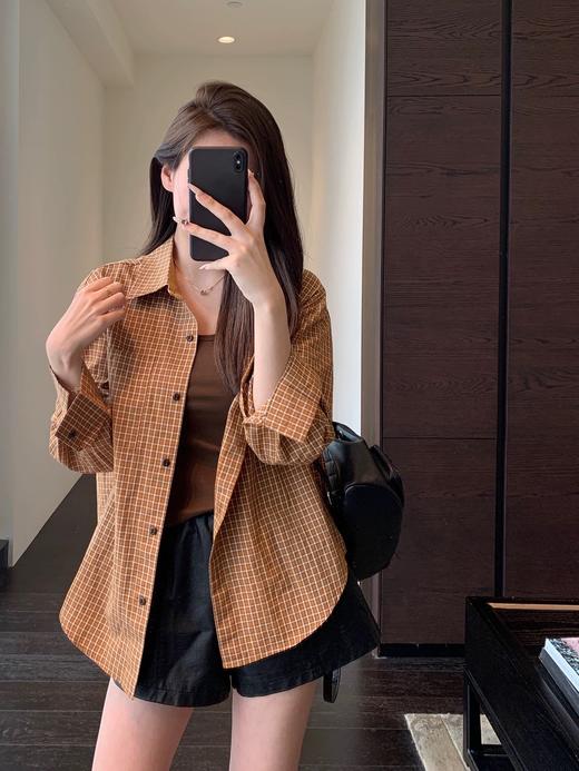 直发【JS3693463】显白姜黄格纹~ ◆慵懒风 100%棉 宽松版翻领落肩袖衬衫 商品图0