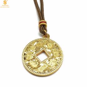【香港周六福黄金钻石首饰】碎冰冰吉言来财钱币K金吊坠+赠手编绳