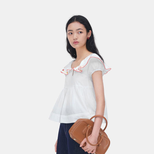 HERLIAN 2026年夏季新品绣花荷叶领衬衫女士显瘦俏皮短袖上衣 商品图1