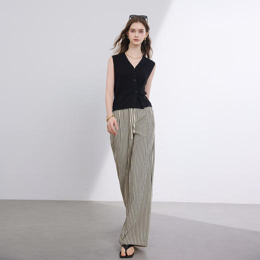 三彩2026夏季新款休闲裤条纹高腰宽松阔腿裤长裤慵懒轻薄M 商品图2