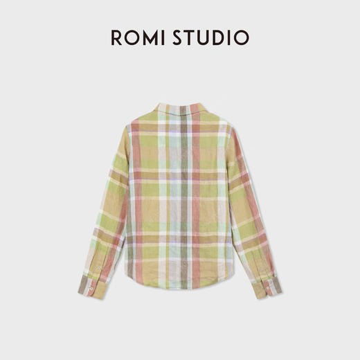 ROMI STUDIO“复古色彩”100%亚麻格纹撞色翻领开襟衬衫 RWDSS62306 商品图1