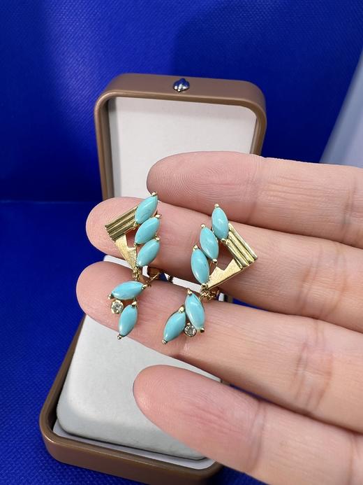 【日本溯源之旅】18k金松石耳夹 设计师特款 原矿美松自然质朴 独特橄榄形群镶设计款 耳坠长度灵动轻盈 弹力双夹 8g（展会产品拍下后不支持7天无理由退换货） 商品图0