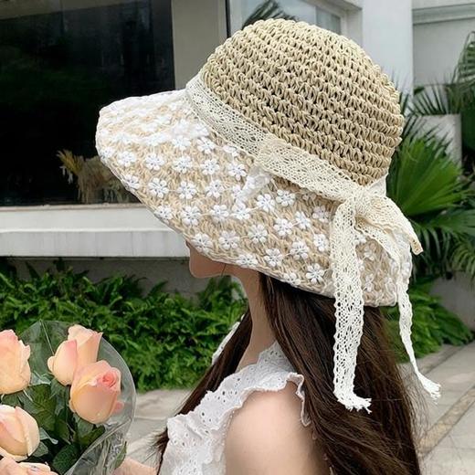 海边帽子女夏季防晒草帽赫本风沙滩度假蕾丝遮阳太阳帽透气渔夫帽 商品图2