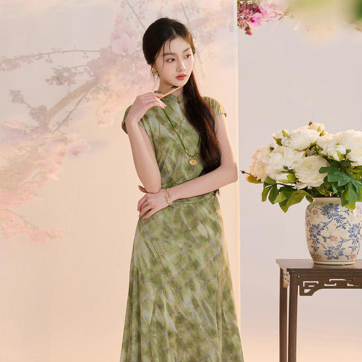 【青岚入梦】三彩2026夏季新款立领网纱印花连衣裙新中式A字长裙C 商品图2