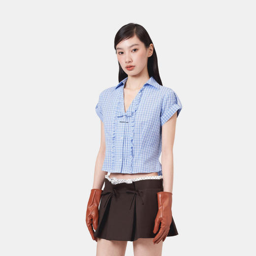 HERLIAN 2026年夏季新品蝴蝶结装饰蓝格深V法式田园女士短袖衬衫 商品图1