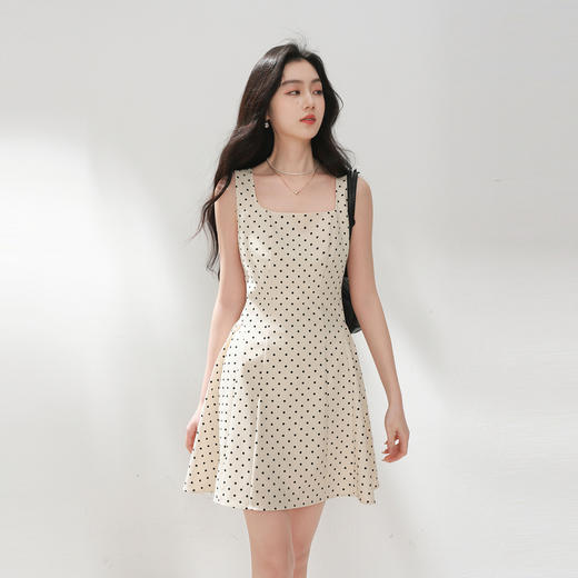 三彩2026夏季新款波点连衣裙法式方领无袖A字裙短裙M 商品图1