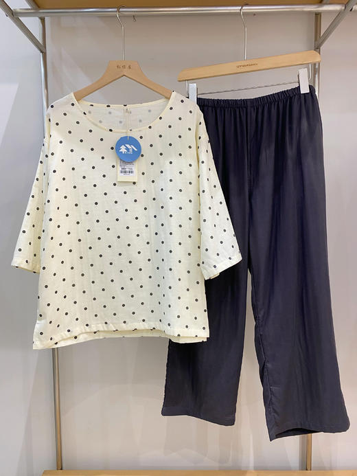 松植屋女款波点圆领七分袖九分裤纯棉纱布睡衣套装 商品图0