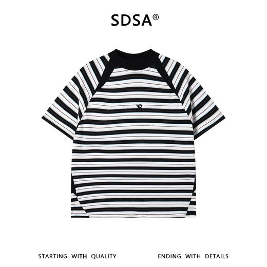 SDSA男装2026新款轻奢韩系撞色条纹刺绣字母圆领短袖T恤百搭上衣 商品图0