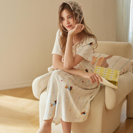 芬腾女士短袖睡裙纯棉甜美风夏季薄款休闲条纹全棉方领家居服中裙 商品图0