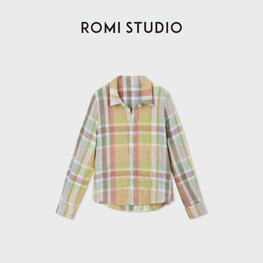 ROMI STUDIO“复古色彩”100%亚麻格纹撞色翻领开襟衬衫 RWDSS62306 商品图0
