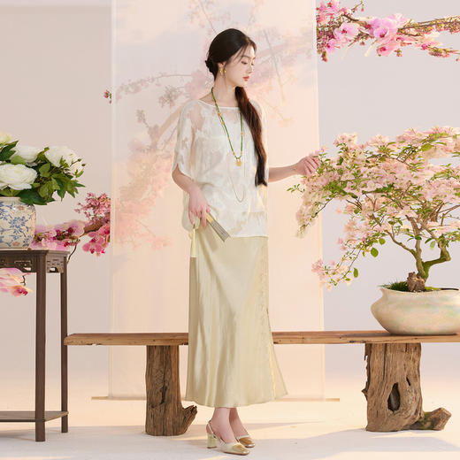 三彩【花颜辞镜】2026夏季新款新中式醋酸半身裙鱼尾裙高腰长裙C 商品图1