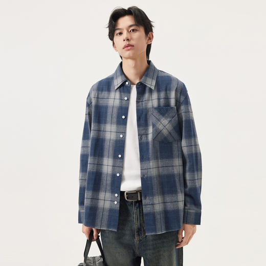 gxg.jeans男装 蓝色格纹简约通勤宽松长袖衬衫上衣男 25年秋热卖 商品图2