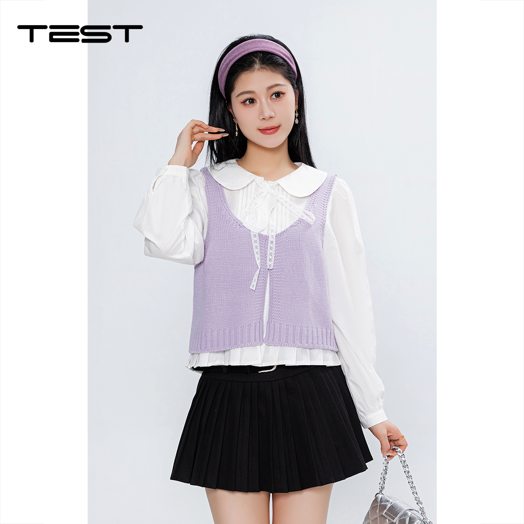 春上新娃娃领拼接蕾丝系带显瘦甜美两件套1261052