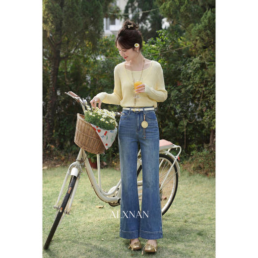 鹿向南「海隅闲行」蓝色牛仔裤春季新款时尚高腰修身直筒长裤女 商品图4