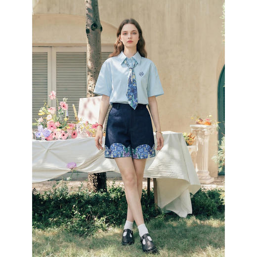 两三事梵高文艺夜澜星驰2026夏季新款复古印花拼接直筒高腰短裤女 商品图2