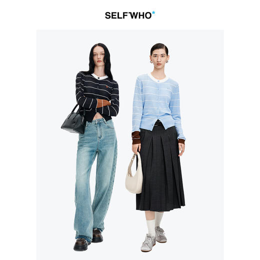 SELFWHO复古撞色镂空条纹针织开衫女2026春新款收腰显瘦圆领上衣 商品图4