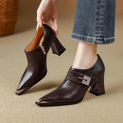 【预售5天】真皮方头粗跟大码单鞋女铁头侧拉链高跟鞋英伦百搭深口乐福鞋&898-852 商品图0