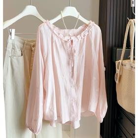 【韩版复古灯笼袖】显瘦玫瑰刺绣衬衫 春新款 木耳边绑带宽松防晒上衣 