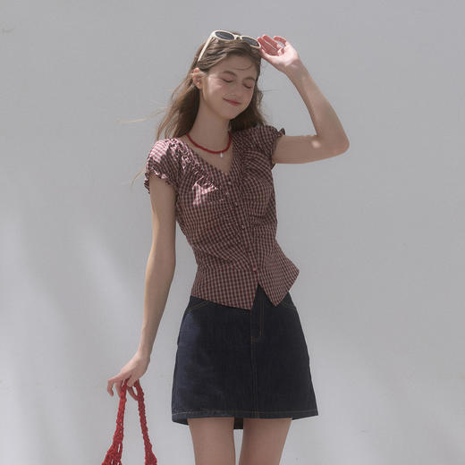 【100棉】三彩独醒2026夏季新款格纹小衫V领短袖上衣短款F 商品图3