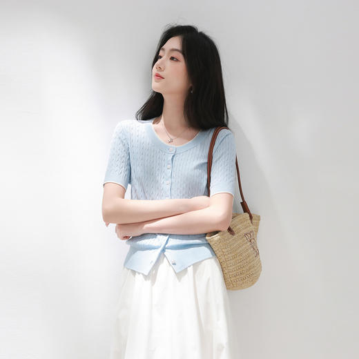 【莱赛尔】三彩2026夏季新款绞花针织衫圆领毛衫短袖开衫M 商品图1