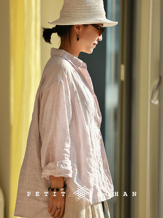 Petit Schan小闪 CLO#1092 Sinbad: The Sequel 辛巴达航海记续集 一千零一夜系列色织纯亚麻度假感细条纹长袖衬衫 商品图1