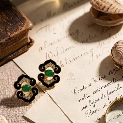 龢盒原创 银镶天然祖母绿黑玛瑙耳钉 商品图2