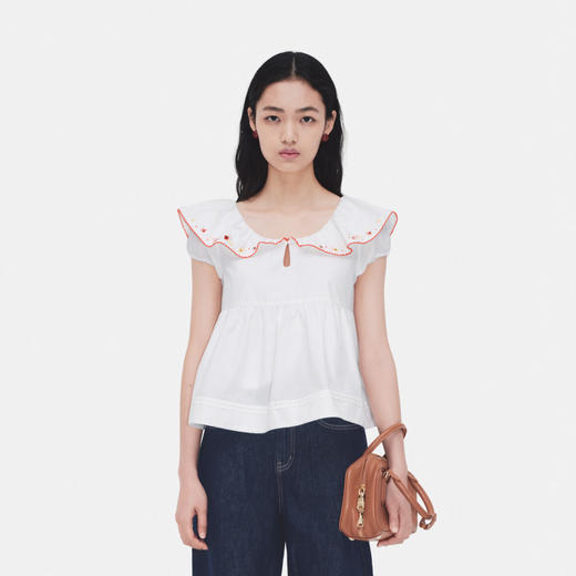 HERLIAN 2026年夏季新品绣花荷叶领衬衫女士显瘦俏皮短袖上衣 商品图2