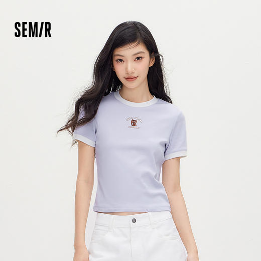 凉感T|森马罗小黑短袖T恤女夏短款撞色修身正肩2026新款休闲上衣 商品图1